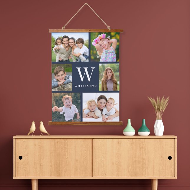 Family 6 Photo Collage Blue Hanging Tapestry (Creator Uploaded)