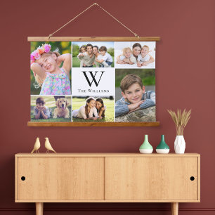 Family 6 Photo Collage Monogram Hanging Tapestry