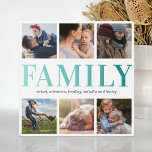 Family 6 Photo Collage Plaque<br><div class="desc">Editable family photo plaque featuring a chic white background that can be changed to any colour,  6 square pictures,  the word "FAMILY" in a stylish teal gradient font,  plus yours,  your partners,  and childrens names.</div>