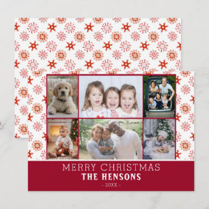 Family 6 Photo Collage Red Snowflakes Christmas Holiday Card