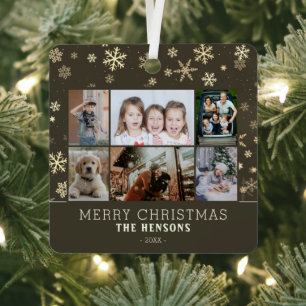 Family 6 Photo Collage Snowflakes Merry Christmas Metal Tree Decoration
