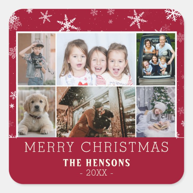Family 6 Photo Collage Snowflakes Merry Christmas  Square Sticker (Front)