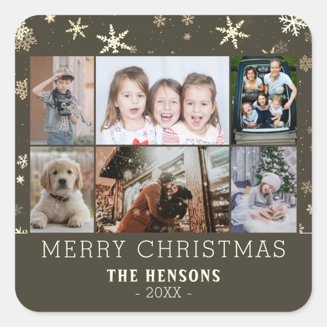 Family 6 Photo Collage Snowflakes Merry Christmas Square Sticker (Front)