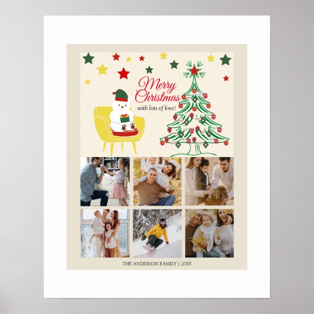 Family 6 Photo Collage Tree Modern Merry Christmas Poster (Front)