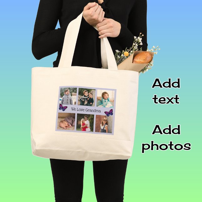 Family 6 photos custom text blue frame butterflies large tote bag (Jumbo tote bag, natural)