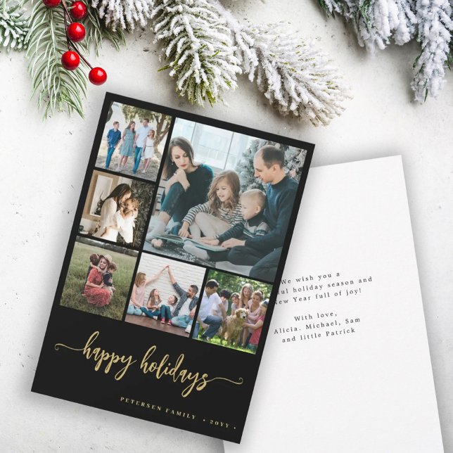 Family 6 photos happy holidays black greeting holiday card (Creator Uploaded)