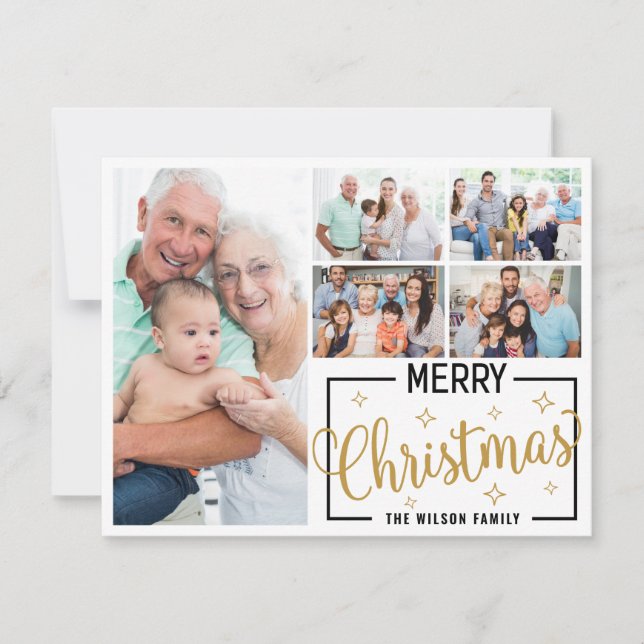 Family 7 Photo Collage White Gold Merry Christmas Holiday Card (Front)