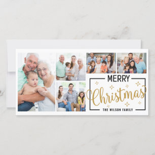 Family 7 Photo Collage White Gold Merry Christmas Holiday Card