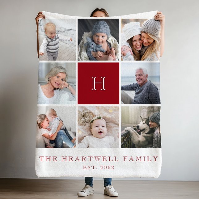 Family 8 Photo Collage Monogram Cranberry Red Fleece Blanket (Creator Uploaded)