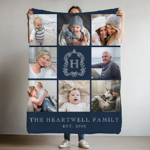Family 8 Photo Collage Monogram Crest Navy Blue Fleece Blanket