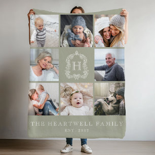 Family 8 Photo Collage Monogram Crest Sage Green Fleece Blanket
