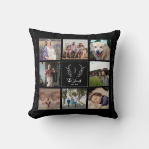 Family 8 photo collage monogram name elegant black cushion