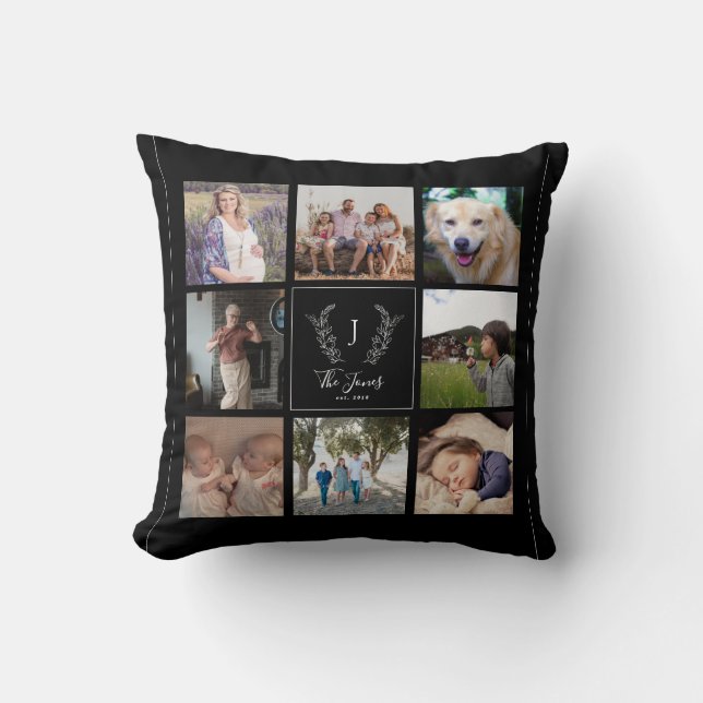 Family 8 photo collage monogram name elegant black cushion (Front)
