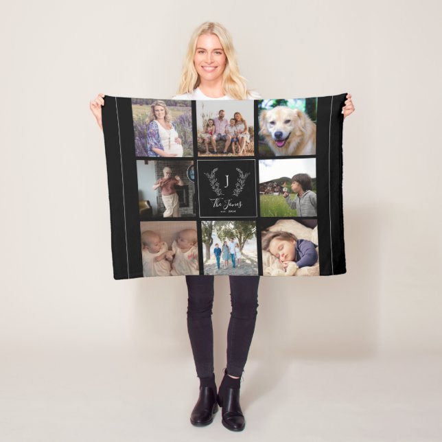 Family 8 photo collage monogram name elegant black fleece blanket (In Situ)