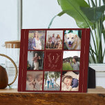 Family 8 photo collage monogram name personalised plaque<br><div class="desc">Custom monogram and name with family established year 8 photo grid elegant red burgundy keepsake photo frame template plaque.         A thoughtful gift for Christmas.</div>