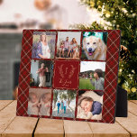 Family 8 photo collage monogram name red plaid plaque<br><div class="desc">Custom monogram and name with family established year 8 photo grid elegant red burgundy plaid tartan keepsake photo frame template plaque.         A thoughtful gift for Christmas.</div>