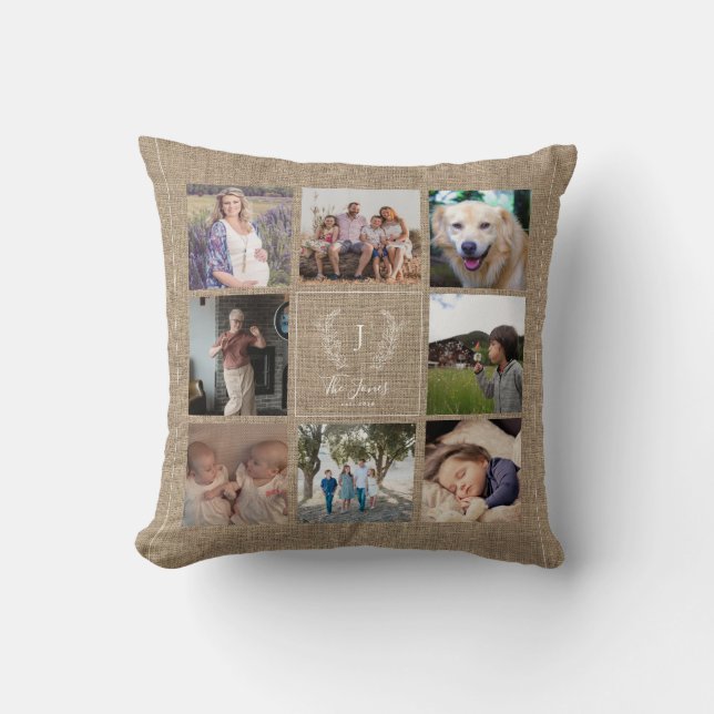 Family 8 photo collage monogram name rustic burlap cushion (Front)