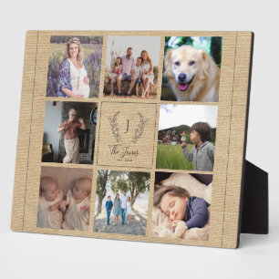 Family 8 photo collage monogram name rustic plaque