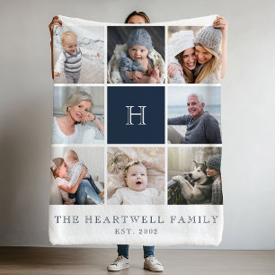 Family 8 Photo Collage Monogram Navy Blue Fleece Blanket