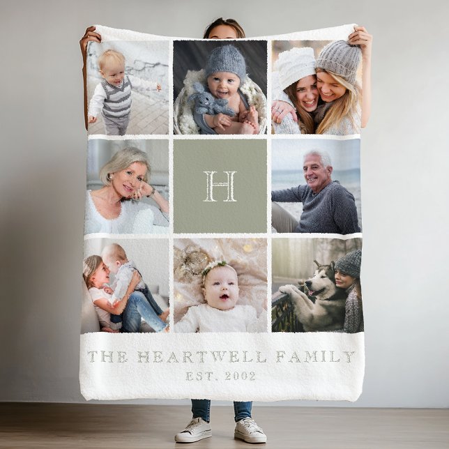 Family 8 Photo Collage Monogram Sage Green Fleece Blanket (Creator Uploaded)