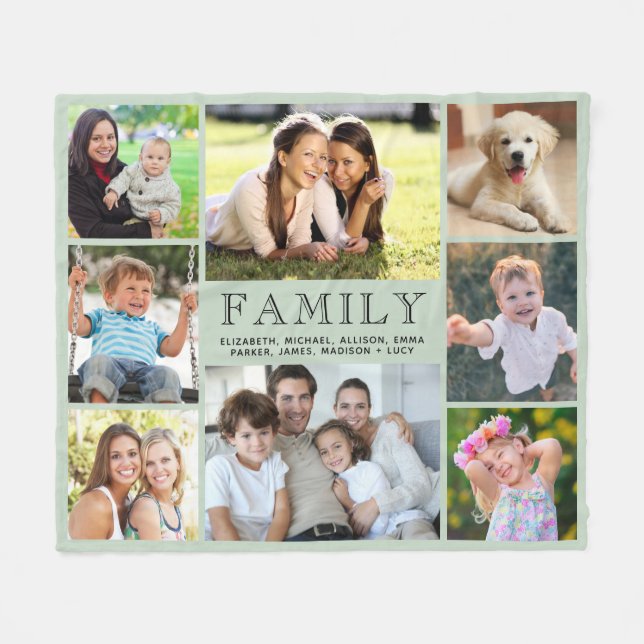 Family 8 Photo Collage Sage Green Fleece Blanket (Front (Horizontal))