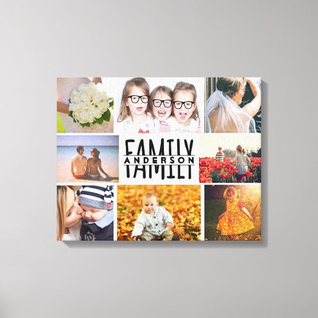 Family 8 Photo Collage Template Plus Add Name V1 Canvas Print (Front)