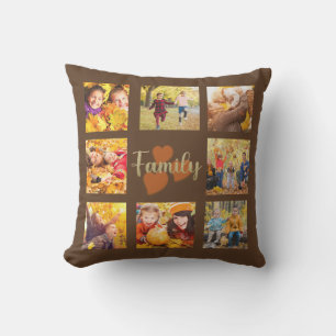 Family 8 Photo Fall Autumn Brown Gold Hearts Cushion