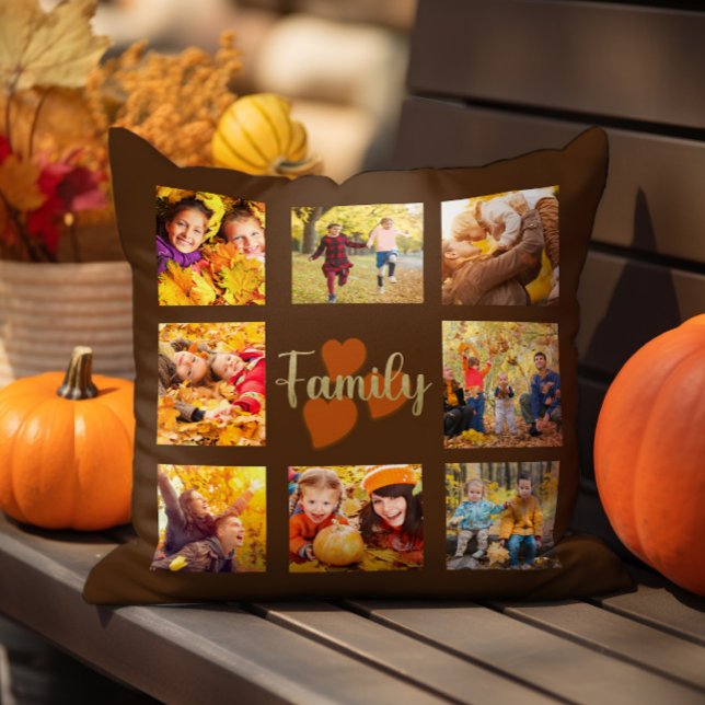 Family 8 Photo Fall Autumn Brown Gold Hearts  Cushion (8-photo "Family Hearts" warm autumn brown decorator pillow)