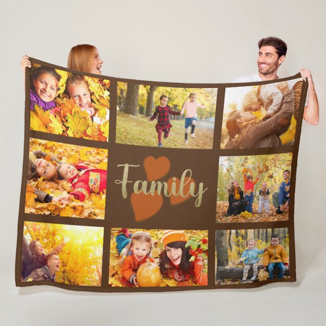 Family 8 Photo Fall Autumn Brown Gold Hearts Fleece Blanket (In Situ)