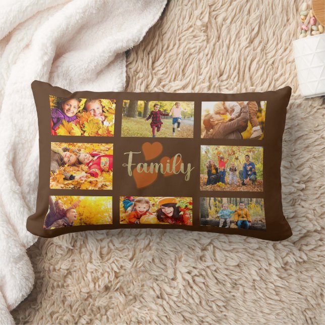 Family 8 Photo Fall Autumn Brown Gold Hearts Lumbar Cushion (Blanket)