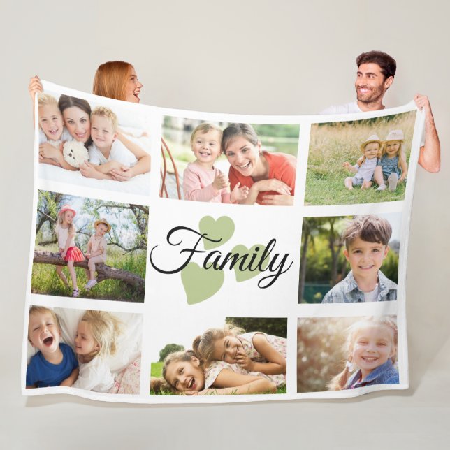 Family 8 Photo Spring White Green Hearts Fleece Blanket (In Situ)