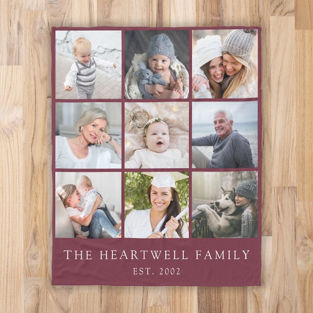 Family 9 Photo Collage Personalised Burgundy Fleece Blanket (Creator Uploaded)