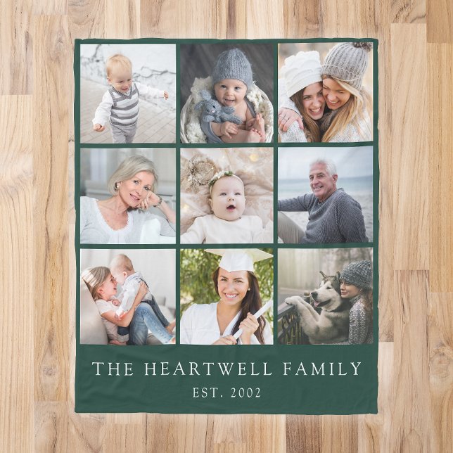 Family 9 Photo Collage Personalised Emerald Green Fleece Blanket (Creator Uploaded)