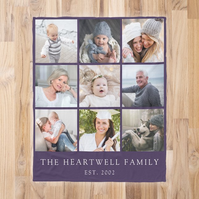Family 9 Photo Collage Personalised Purple Fleece Blanket (Creator Uploaded)