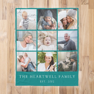 Family 9 Photo Collage Personalised Teal Blue Fleece Blanket