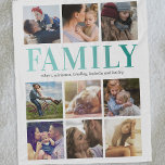 Family 9 Photo Collage Template Fleece Blanket<br><div class="desc">Editable family fleecy blanket featuring a chic white background that can be changed to any colour,  9 square photos,  the word "FAMILY" in a stylish teal gradient font,  plus yours,  your partners,  and childrens names.</div>