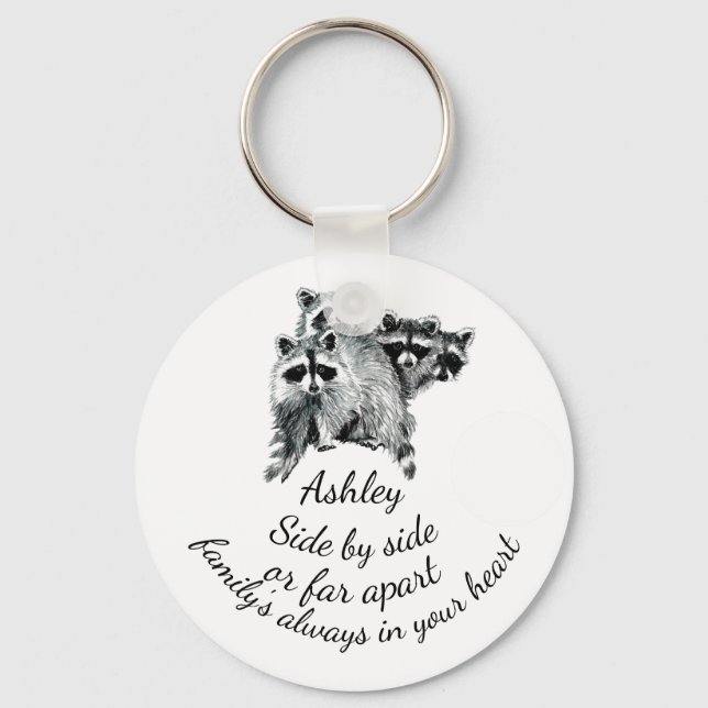 Family Always in Your Heart Quote Cute Raccoons Key Ring (Front)