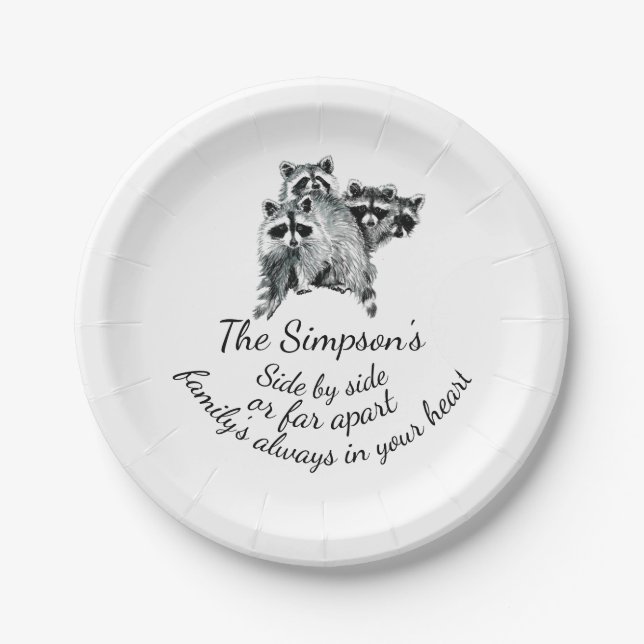 Family Always in Your Heart Quote Cute Raccoons Paper Plate (Front)