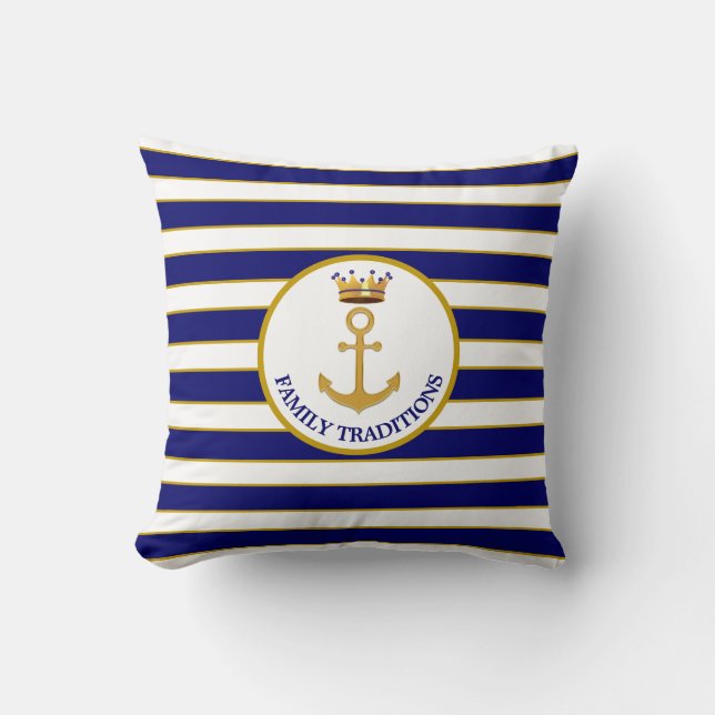 Family Anchor & Crown on Navy Blue & White Striped Cushion (Front)