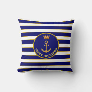 Family Anchor & Crown on Navy Blue & White Striped Cushion