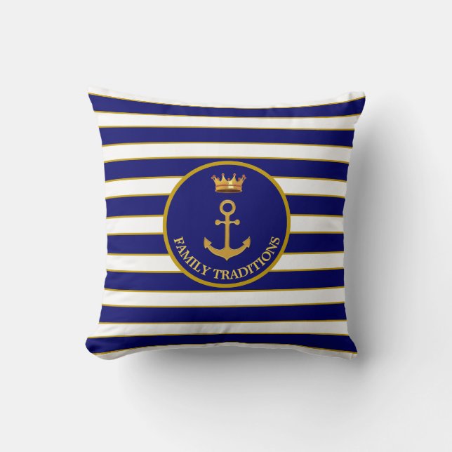 Family Anchor & Crown on Navy Blue & White Striped Cushion (Front)