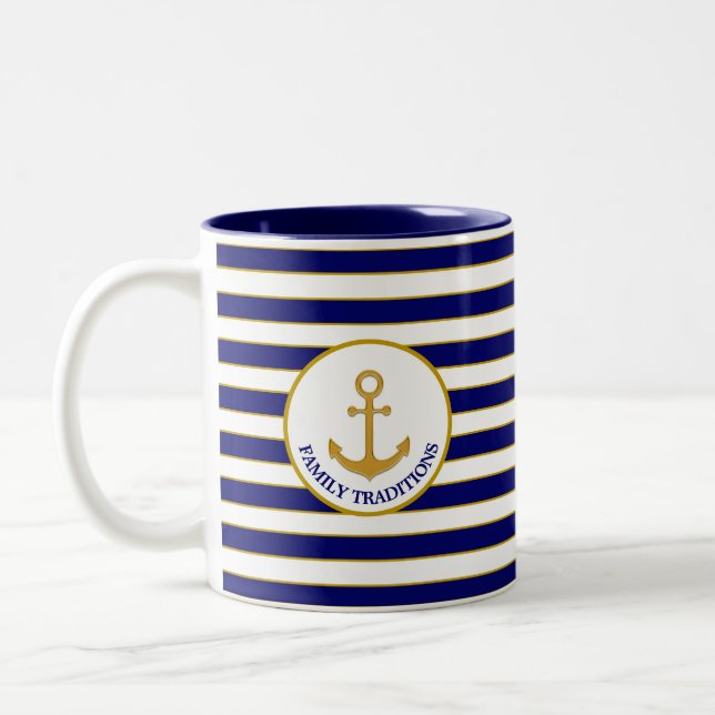 Family Anchor on Blue & White Striped Two-Tone Coffee Mug (Left)
