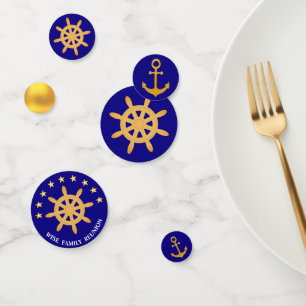 Family anchor & ship wheel on royal blue & golden confetti