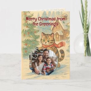 Family and Cat Christmas greeting card
