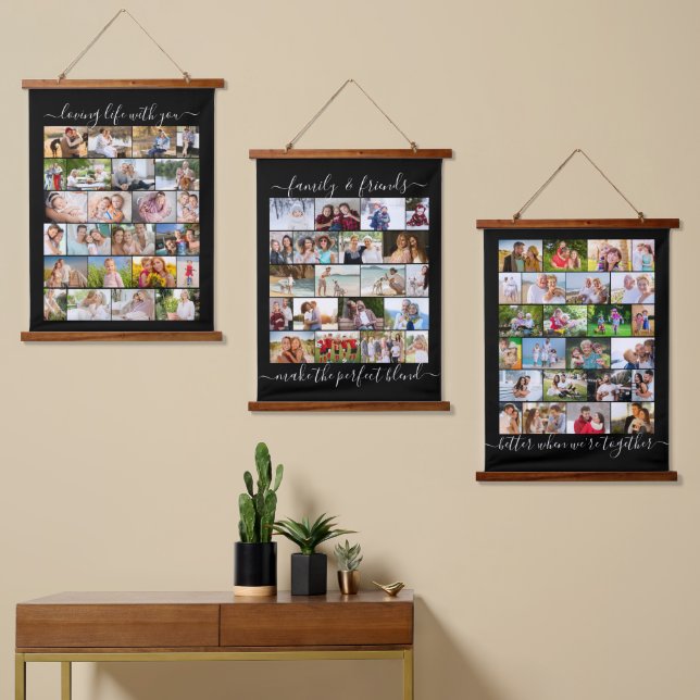Family and Friends 68 Photo Masonry Grid Black Hanging Tapestry (Asymmetrical)