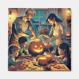 Family and Friends Carving Pumpkins Halloween Magnet