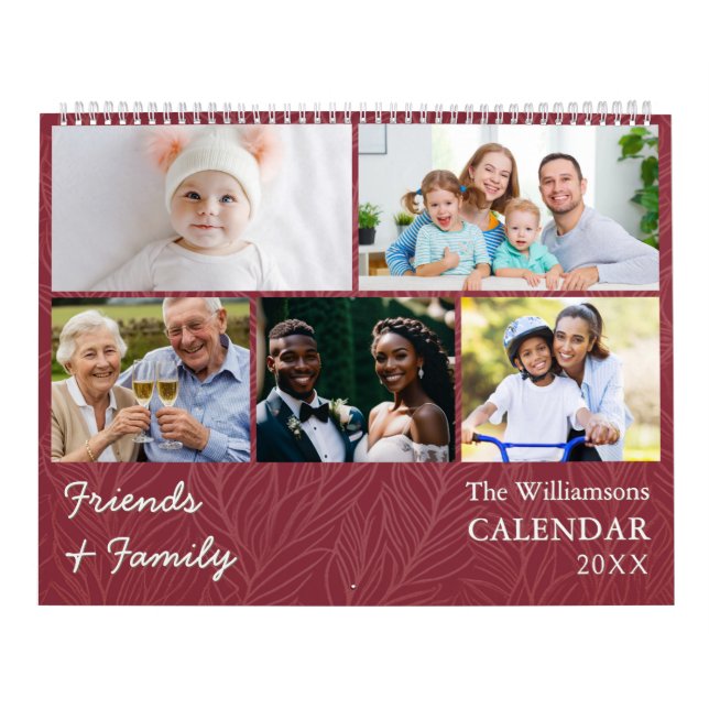 Family and Friends Cranberry Red Custom Photos Calendar (Cover)