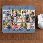 Family and Friends Quote 12 Photo Collage Blue Mouse Mat<br><div class="desc">Create your own photo collage mousepad with family quote in elegant script typography. The photo template is set up for you to add 12 of your favourite pictures, which are displayed in a modern masonry grid of landscape and portrait photos. The saying reads "family & friends make the perfect blend"...</div>