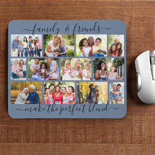 Family and Friends Quote 12 Photo Collage Blue Mouse Mat