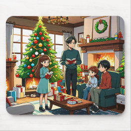 Family around the fireplace at Christmas Mouse Mat